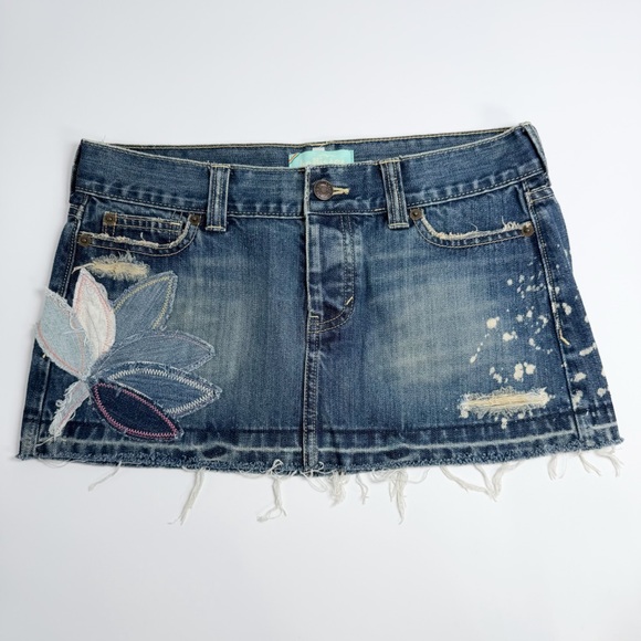 Hollister Dresses & Skirts - Vintage Hollister Patch Released Raw Hem Distressed Bleached Denim Mini Skirt 1